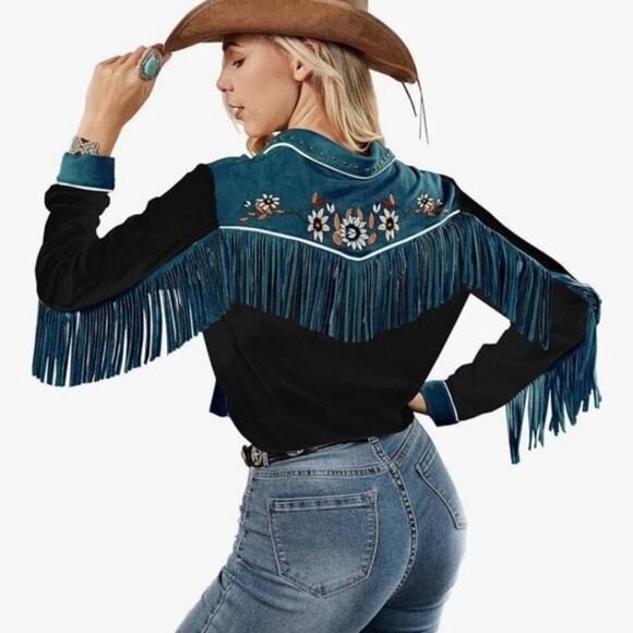 John Moon Tops - JOHN MOON Texas sz XL Western fringe cowgirl button down shirt EUC